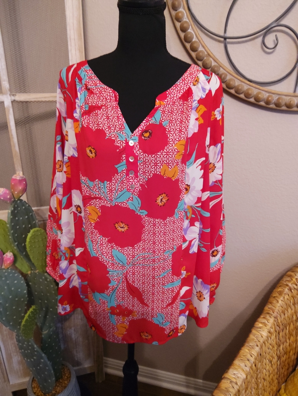 Zac & Rachel Floral Henley Blouse with Turquoise Accents